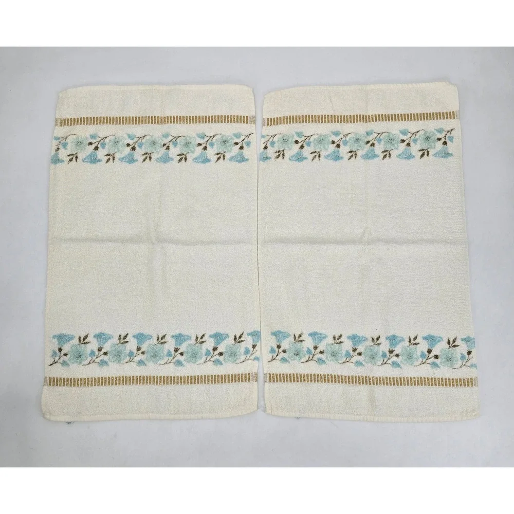 Vintage Cannon Monticello Hand Towels Set of 2 Bluebell Floral Gold MCM Bath